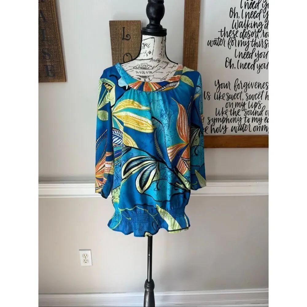 Chico's Women's Floral 3/4 Sleeve Elastic Waist Blouse Top Blue Chico’s Size 1 -